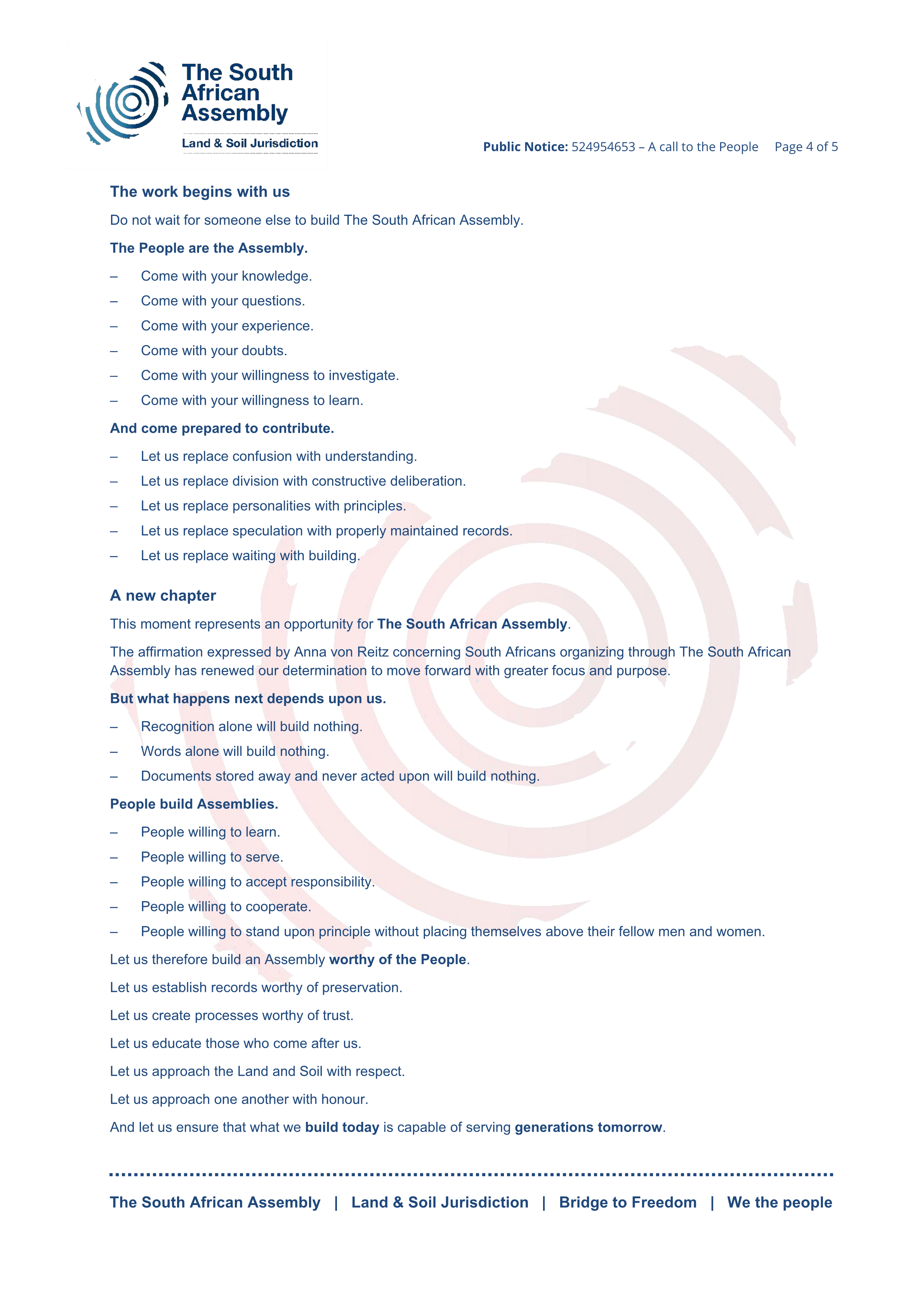 Public notice The South African Assembly Recording number 524954653 - A Call to the People